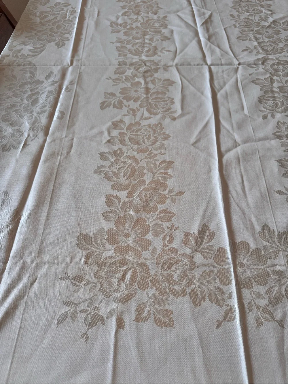Vintage Made in Japan Ivory Floral Damask Tablecloth 57x86 Mid Century